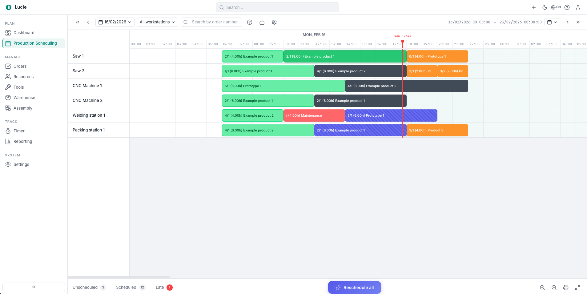 Lucie production scheduling interface showing Gantt timeline with workstations and scheduled jobs