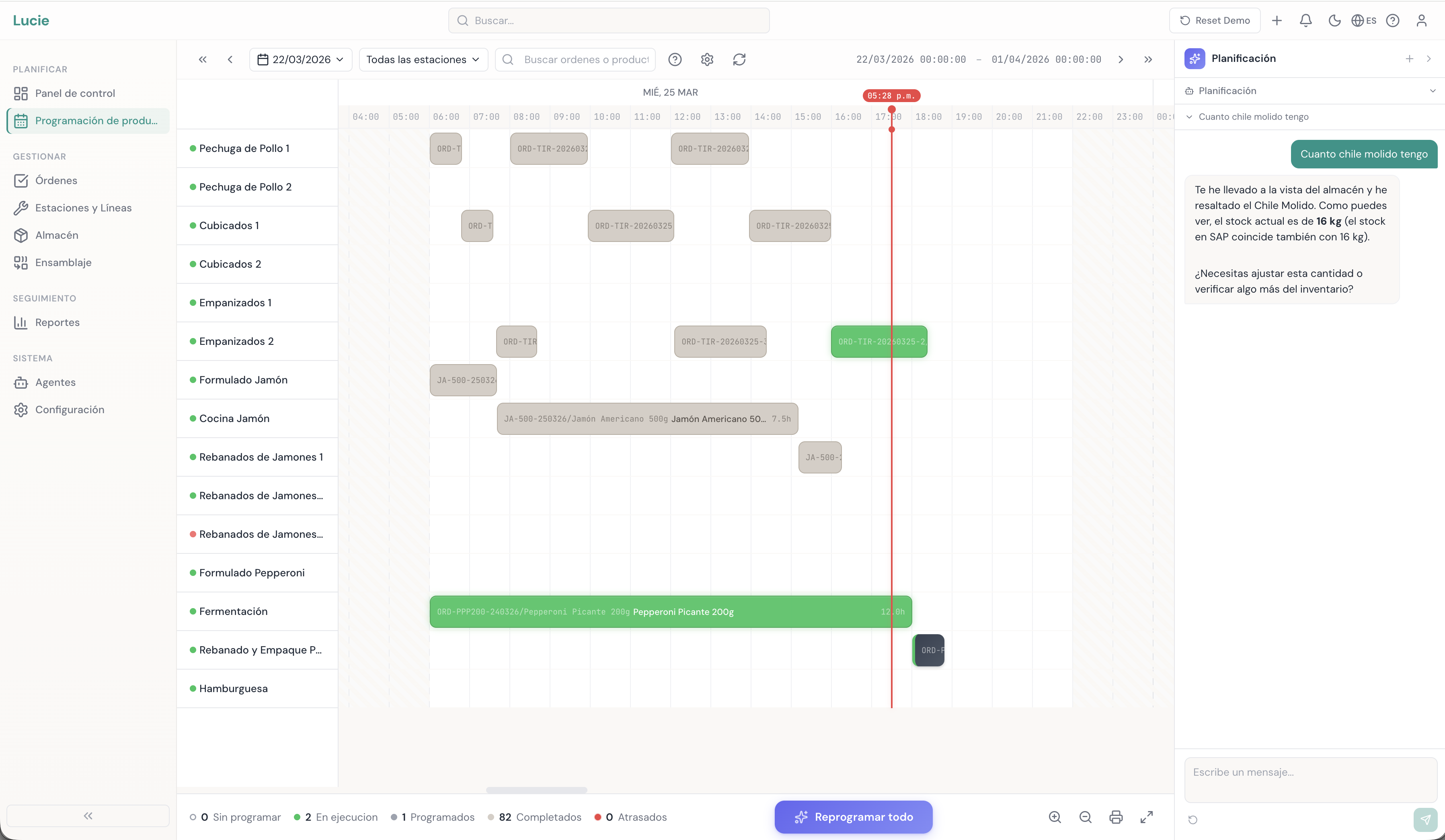 Interface do Lucie mostrando o diagrama Gantt com estações de trabalho e pedidos programados